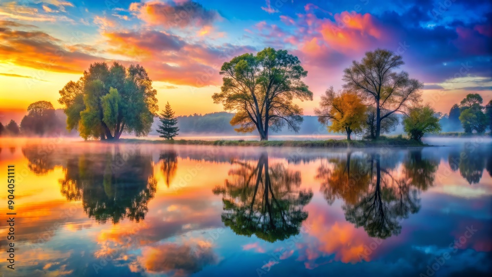 Serene misty dawn breaks over calm lake waters reflecting majestic trees and vibrant colors of nature's peaceful morning awakening. Serene misty dawn breaks over calm lake waters reflecting majestic trees and vibrant colors of nature's peaceful morning awakening.