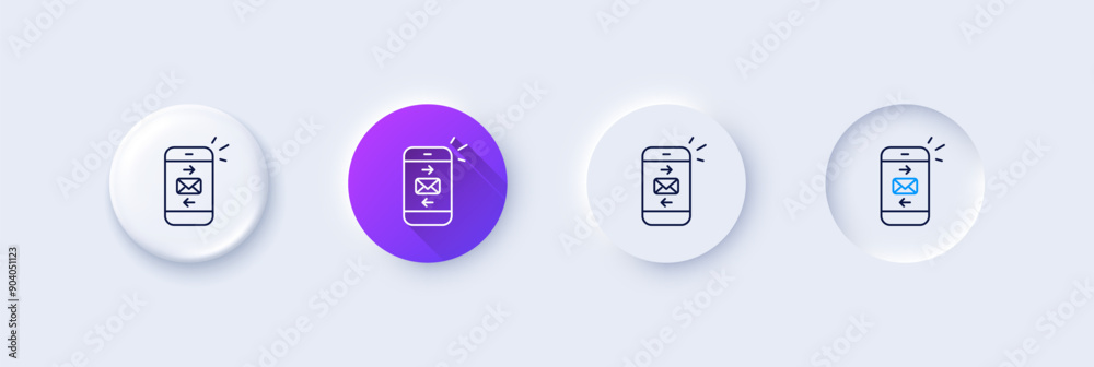 Mail line icon. Neumorphic, Purple gradient, 3d pin buttons. Smartphone communication symbol. Business chat sign. Line icons. Neumorphic buttons with outline signs. Vector Mail line icon. Neumorphic, Purple gradient, 3d pin buttons. Smartphone communication symbol. Business chat sign. Line icons. Neumorphic buttons with outline signs. Vector
