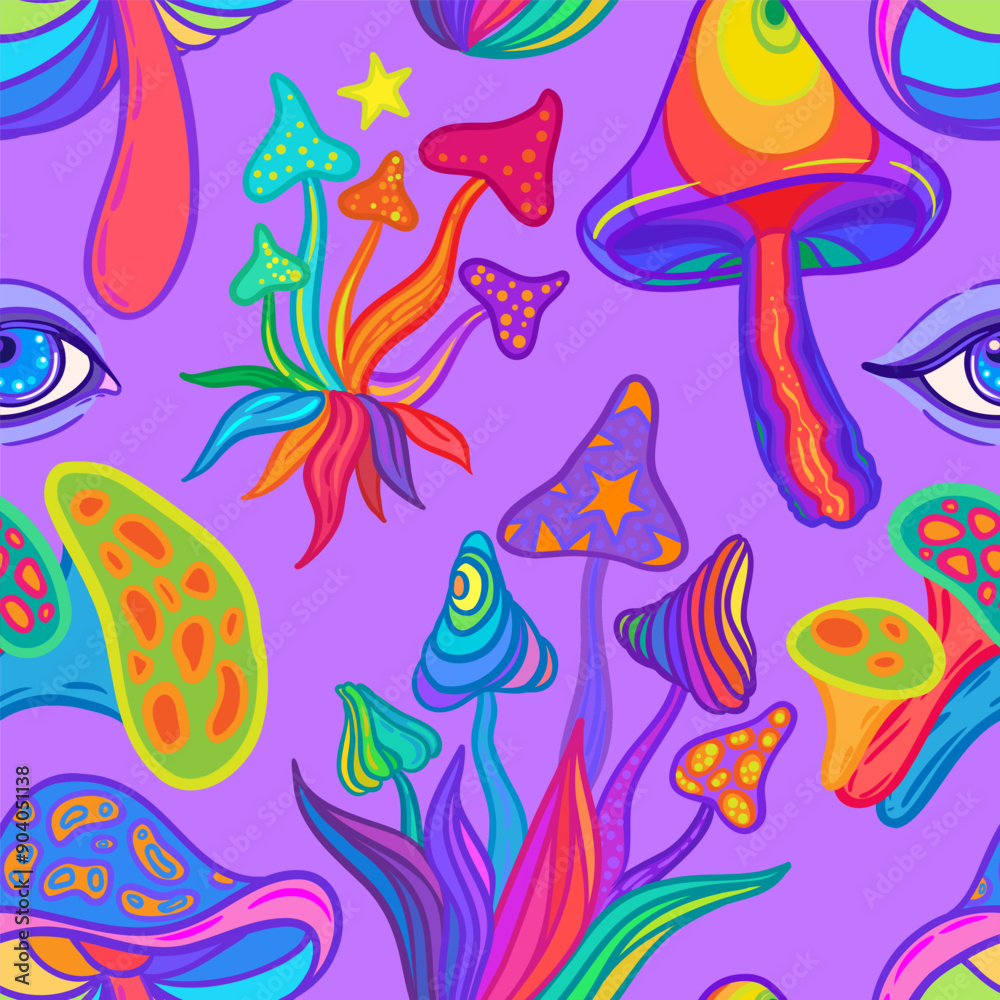 Obraz premium Magic mushrooms mandala seamless pattern. Psychedelic hallucination. Vibrant trippy vector illustration. 60s hippie colorful art. Hand drawn design in ethnic Indian style. Mystic abstract yoga mat