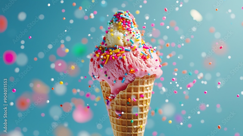 A bright sprinkle covered festive ice cream cone from a lively circus