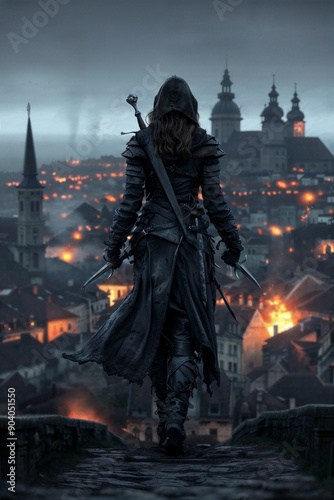 Female Assassin Walking into Town
