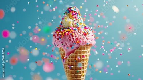 Obraz na płótnie A bright sprinkle covered festive ice cream cone from a lively circus w salonie