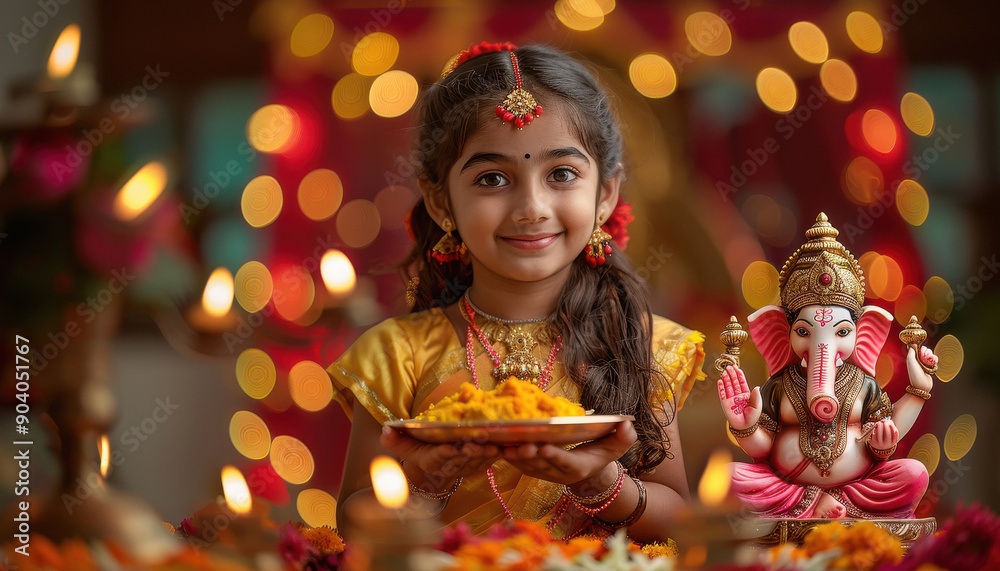 Indian little girl child celebrating lord ganesha festival