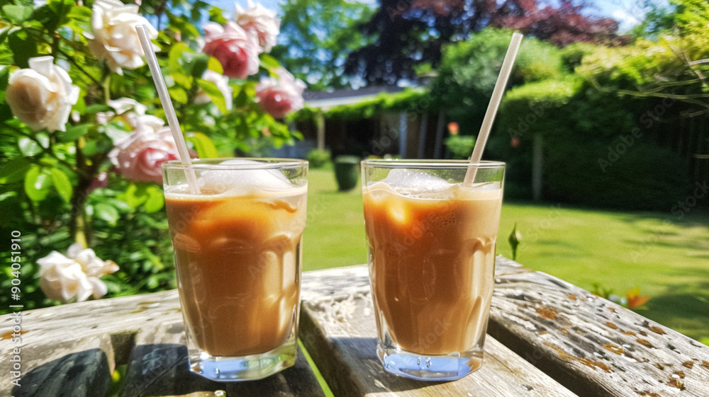 Two glasses of iced coffee in the garden, blooming roses and lush greenery, drink recipe idea for a hot summer day Two glasses of iced coffee in the garden, blooming roses and lush greenery, drink recipe idea for a hot summer day