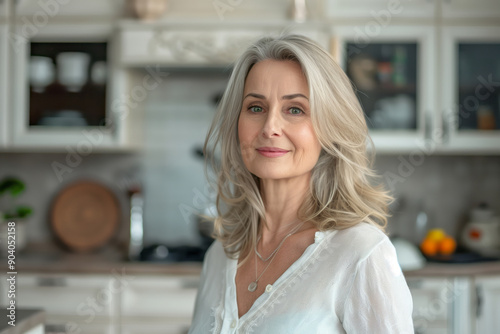 Portrait of a senior adult woman in a cozy kitchen setting. Shallow depth of field