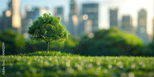 A vibrant green tree rises from lush grass with towering buildings in the background