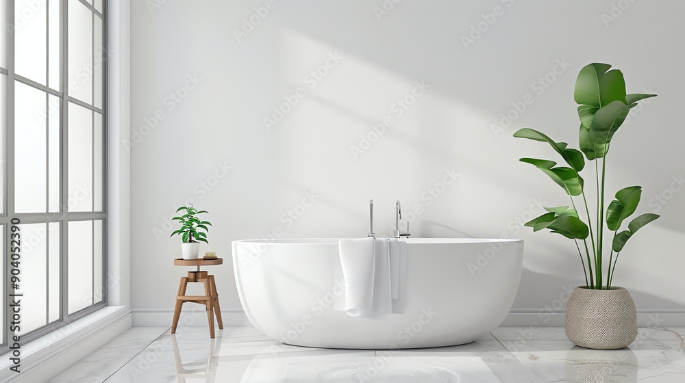 Fototapeta premium A white bathtub in a modern bathroom.