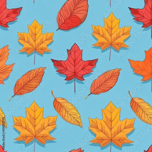 Seamless pattern illustration of colorful autumn leaves on a light blue background