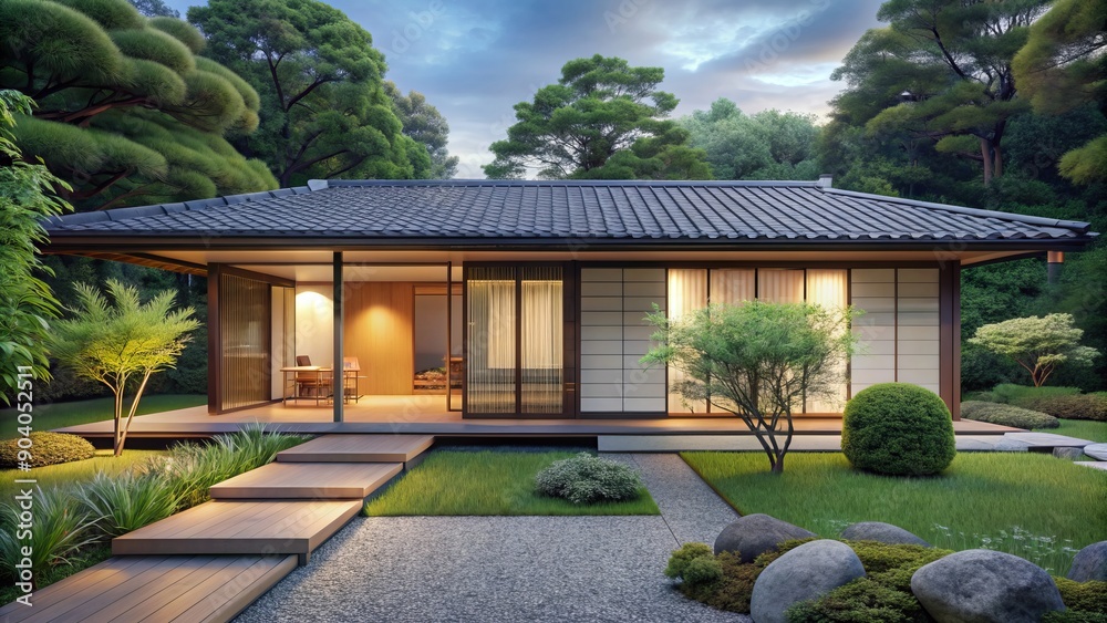 Modern minimalist Japanese single-story home with sleek tiled roof, sliding glass doors, and lush greenery in serene surroundings.