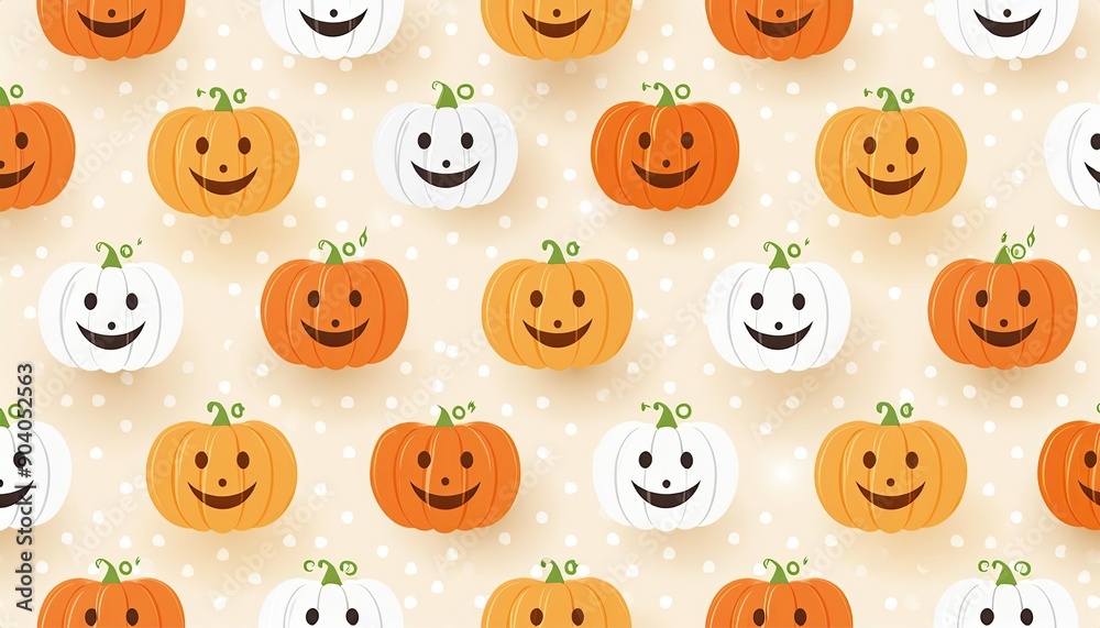 Cute pumpkin Seamless pattern with halloween pumpkins on color background. Scary and funny faces. 