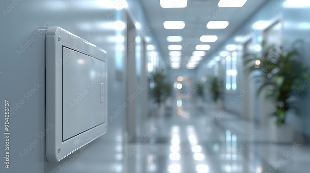 Bright corridor, soft diffused lighting, white empty ID badge in focus, blurred hallway background, sterile environment, minimalist medical interior. Bright corridor, soft diffused lighting, white empty ID badge in focus, blurred hallway background, sterile environment, minimalist medical interior.
