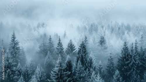 Panorama of winter spruce forest covered with thick fog.