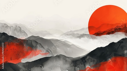 A captivating abstract portrayal of a mountainous landscape with bold red highlights and a prominent rising sun, blending modern art with serene natural beauty. photo