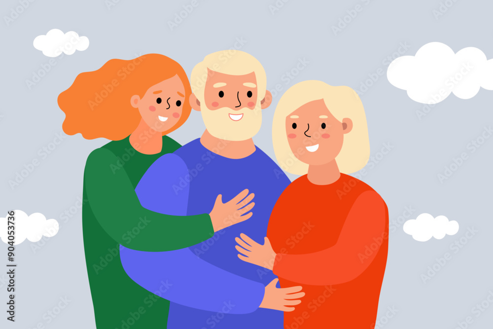 Family Embrace With Smiling Adults Against a Light Gray Background