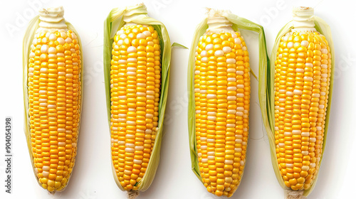 Overhead View of Uncooked Corn Cobs Isolated on White Background, Fresh Corn on the Cob, Natural Yellow Kernels, Raw Corn Detail, Harvested Corn Display, High-Resolution Corn Image