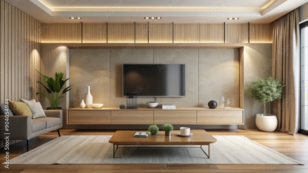custom made wallpaper toronto digitalSleek, modern, beige-toned living room with a large, wall-mounted flat-screen television above a low-profile media console table.