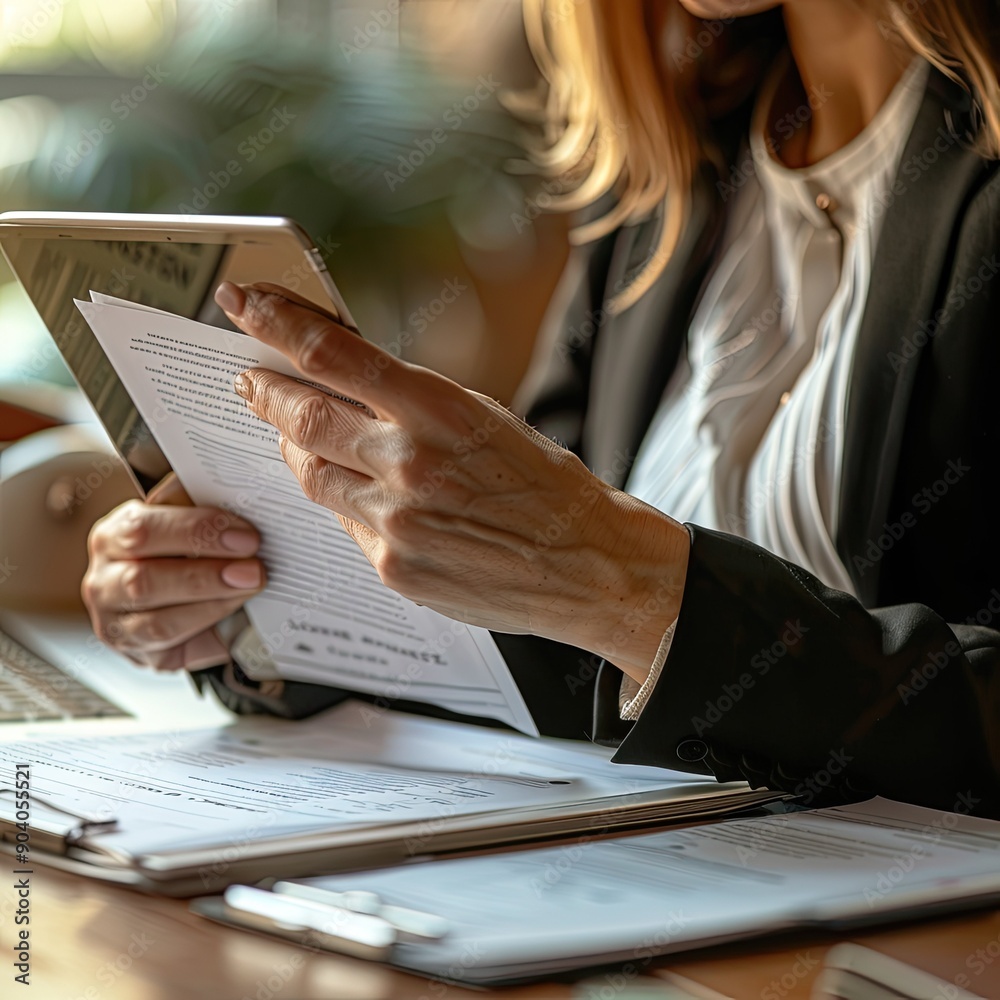 Fototapeta premium A woman reviewing health insurance documents on a tablet at her desk. 