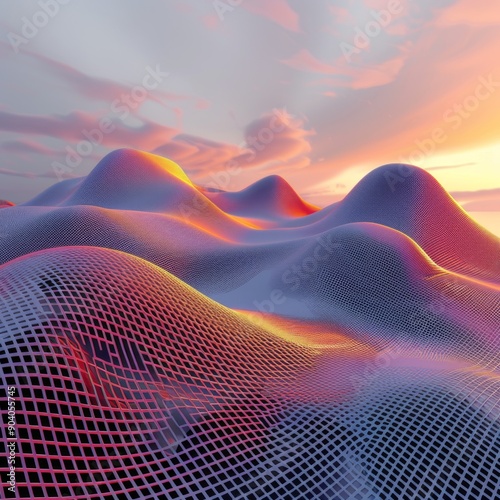 Abstract landscape with smooth hills and vibrant colors, showcasing a surreal atmosphere at sunset. Ideal for creative projects.
