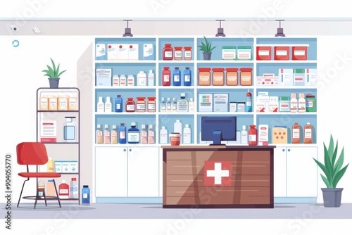 Pharmacy with shelves of medications representing healthcare pharmaceuticals and patient care in a well organized environment