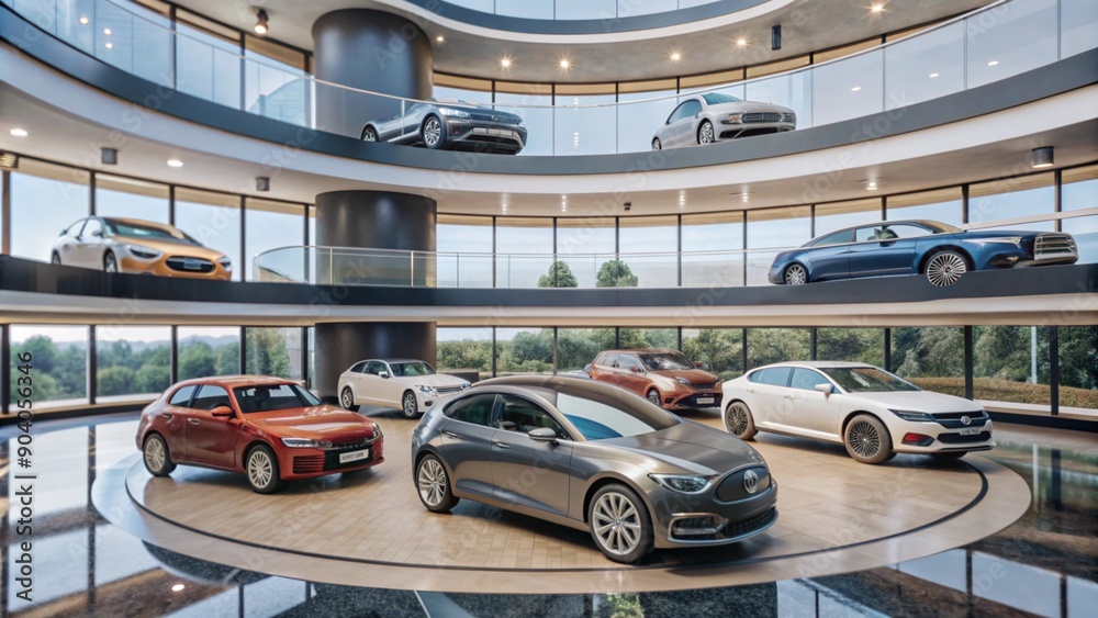 Fototapeta premium The car is in a beautiful light in an expensive car interior, showroom, multi-layered, rounded, neo-plasticism, beautiful environment, warm lighting. Exhibition hall