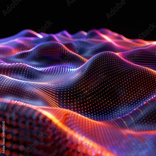 Abstract representation of colorful wave patterns with glowing dots, creating a sense of depth and movement in digital art.