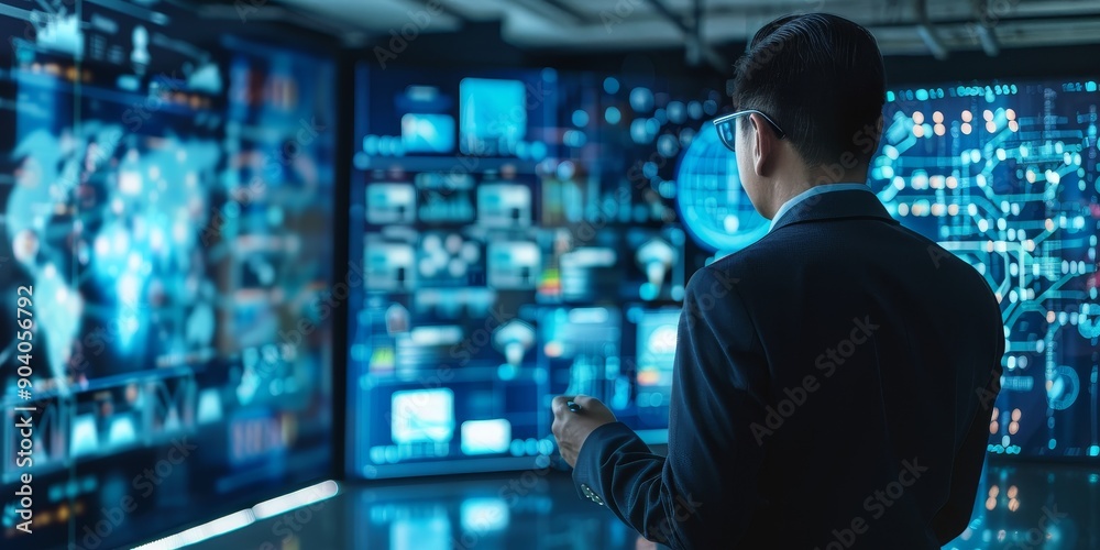 A CEO leading digital transformation initiatives with a global team through virtual meetings and digital collaboration