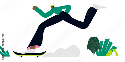Man riding skateboard. Stylish male skater in casual outfit. Outdoor activities, enjoy hobbies and having fun.Vector character illustration