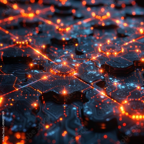 Captivating close-up of glowing circuit connections, showcasing vibrant lights and intricate patterns in a digital landscape.