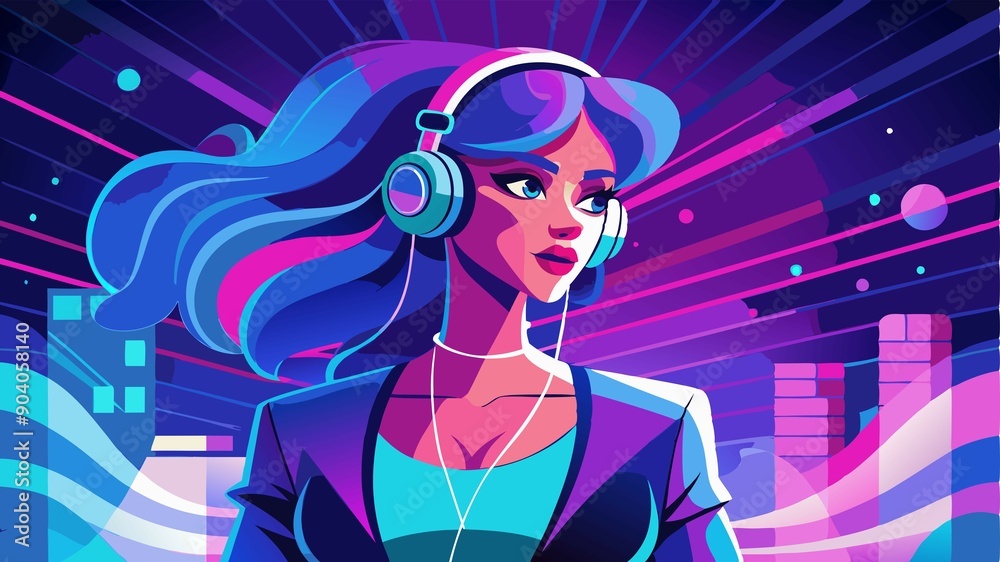 Lost in the rhythm, bathed in neon light. A stylish woman listening to music with headphones in a vibrant studio setting, showcasing her connection to the music and modern aesthetic. Lost in the rhythm, bathed in neon light. A stylish woman listening to music with headphones in a vibrant studio setting, showcasing her connection to the music and modern aesthetic.