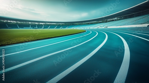 High Angle View of a Run at the School Stadium with a Simple Background in Light Blue, White, and Green. Minimalist Design Captured in Ultra Resolution, Emphasizing Clean Lines and Vibrant Colors