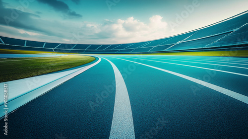 High Angle View of a Run at the School Stadium with a Simple Background in Light Blue, White, and Green. Minimalist Design Captured in Ultra Resolution, Emphasizing Clean Lines and Vibrant Colors photo