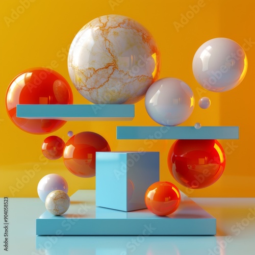 Colorful abstract composition with spheres and geometric shapes on a vibrant background, perfect for modern design inspiration.