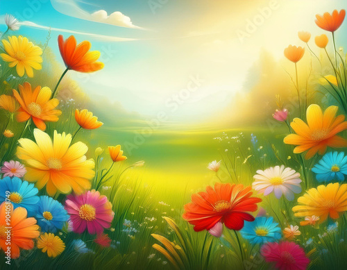 Bright Summer Floral Art Illustration Flowers Background with Copy Space for Advertising Text
