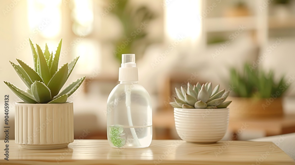 Air freshener close-up, beige and white room, wooden table, Aloe smash bottle, succulent pot, blurred furniture, bokeh, clean composition. Air freshener close-up, beige and white room, wooden table, Aloe smash bottle, succulent pot, blurred furniture, bokeh, clean composition.
