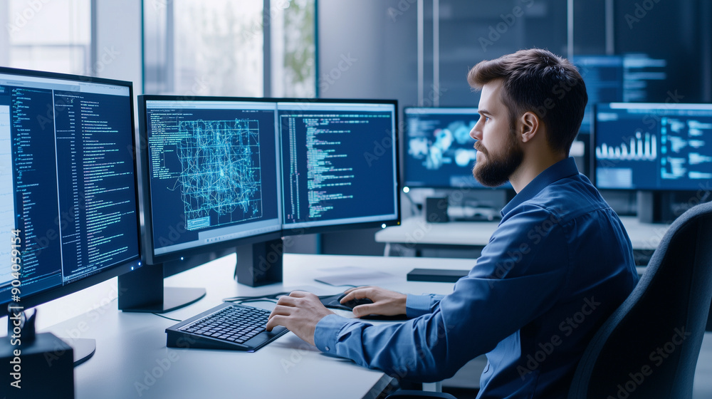 A cybersecurity consultant sitting at a desk in a modern office, surrounded by multiple computer screens displaying network maps, security logs, and vulnerability reports. The cons A cybersecurity consultant sitting at a desk in a modern office, surrounded by multiple computer screens displaying network maps, security logs, and vulnerability reports. The cons