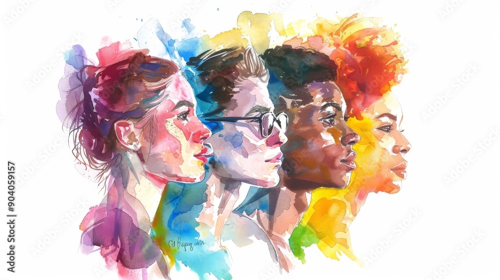 Fototapeta premium Colorful watercolor drawing of beautiful people. Representatives of different races. Men and women.