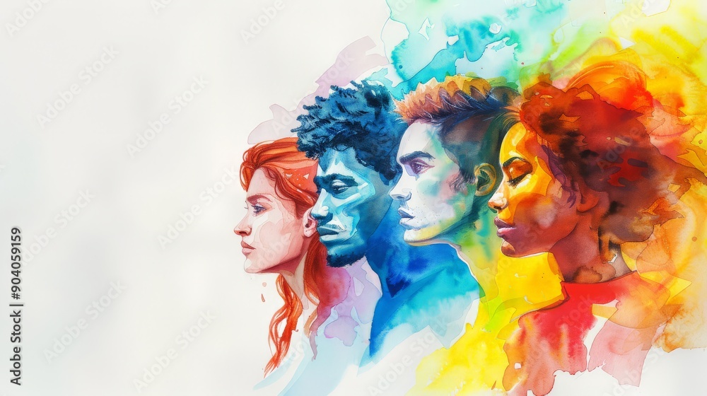 Fototapeta premium Colorful watercolor drawing of beautiful people. Representatives of different races. Men and women.