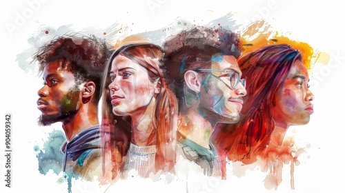 Colorful watercolor drawing of beautiful people. Representatives of different races. Men and women.