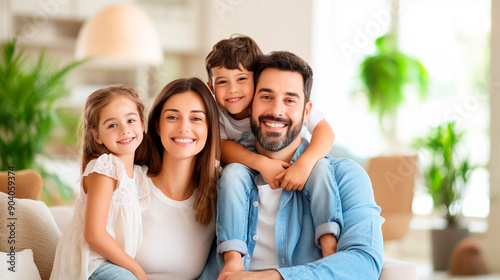 A joyful family sitting in a bright and cozy living room. The father is holding his daughter on his lap while the mother leans in from behind, and the son sits on the father's shou