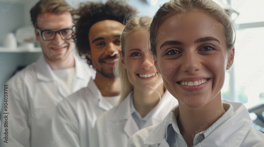 Group of four cheerful doctors is standing in a hospital corridor, wearing white coats.