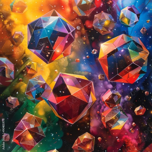 Colorful geometric crystals floating in a vibrant cosmic backdrop, creating a mesmerizing abstract visual experience.