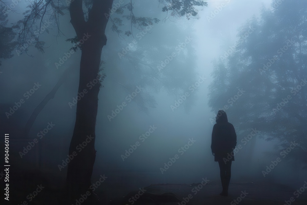 A solitary figure walks through a misty, fog-covered forest path enveloped in mystery and silence, creating an eerie and serene atmosphere. A solitary figure walks through a misty, fog-covered forest path enveloped in mystery and silence, creating an eerie and serene atmosphere.