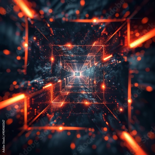 Futuristic abstract tunnel with glowing orange lines, digital space, and vibrant colors, symbolizing technology and innovation.