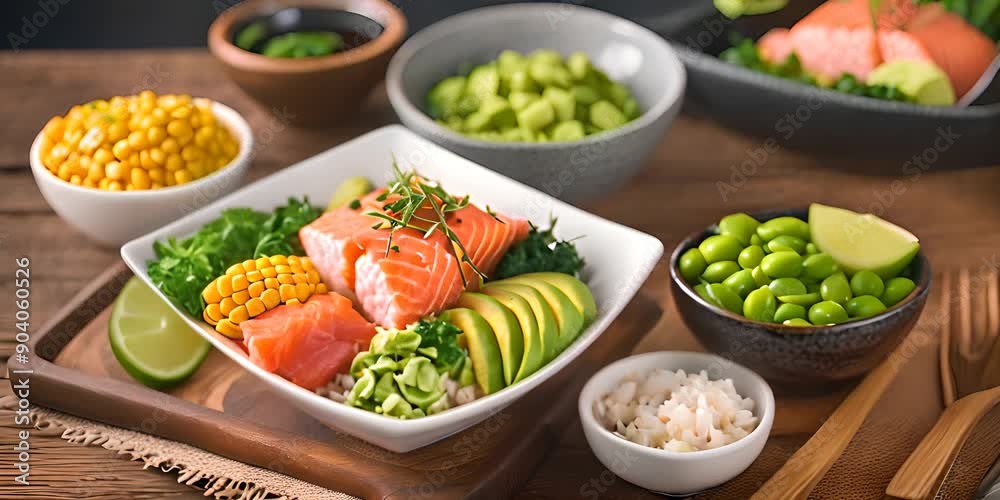 Colorful Poke Bowl with Fresh Ingredients on Wooden Surface