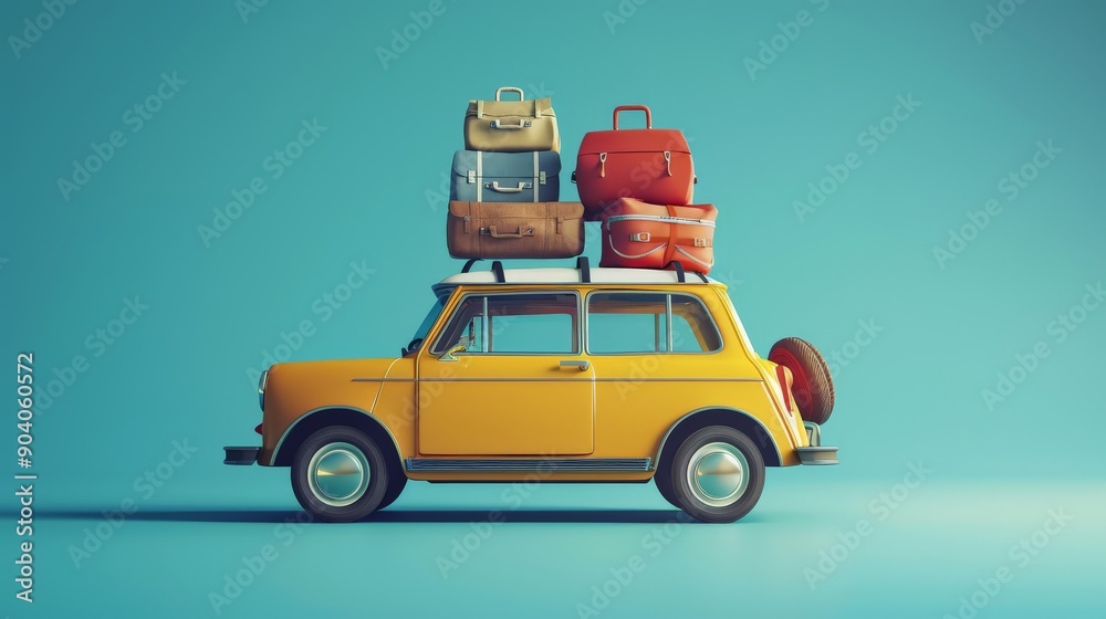 Fototapeta premium A car in the style of a 3D cartoon. Bags and suitcases are stacked on the roof. the concept of a tourist holiday.