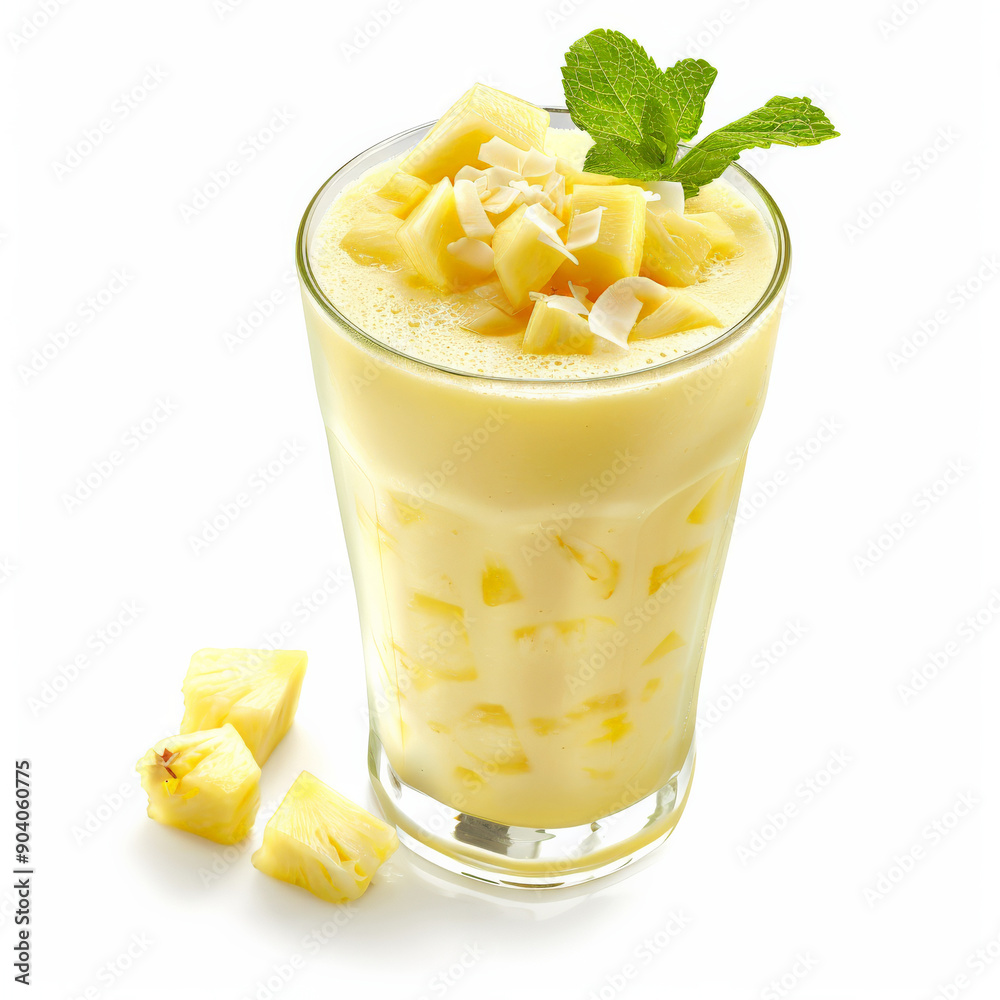 A vibrant freshly pressed pineapple smoothie with coconut milk and banana, topped with pineapple chunks and a mint leaf, isolated on white background.