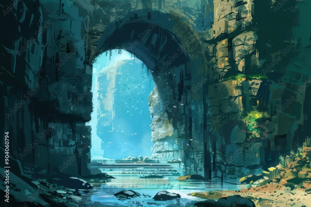 Ancient stone archway with overgrown ruins and a river flowing through it Ancient stone archway with overgrown ruins and a river flowing through it