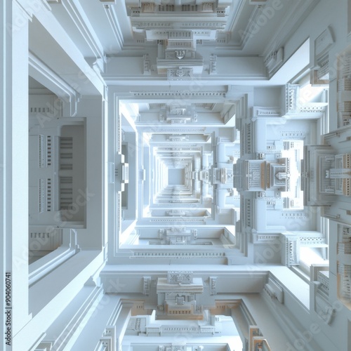 Futuristic architectural design featuring endless white corridors and intricate details, perfect for modern digital projects.