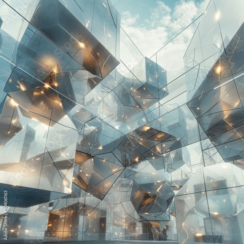 Futuristic architectural design featuring transparent geometric shapes and reflective surfaces, combined with glowing lights.