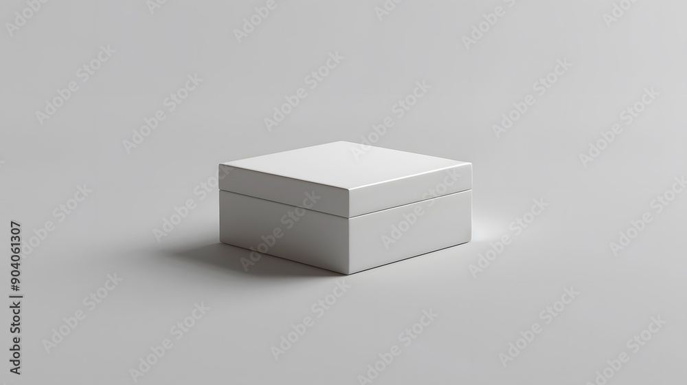 Realistic 3D rendering, white square box, closed lid, minimalist design, clean edges, subtle shadow, light gray background, product packaging mockup, studio lighting. Realistic 3D rendering, white square box, closed lid, minimalist design, clean edges, subtle shadow, light gray background, product packaging mockup, studio lighting.